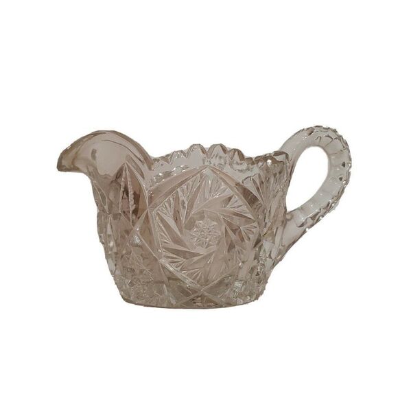 Vintage Art Deco Clear Cut Glass Crystal Creamer Open Sugar Bowl Handles Star - Picture 2 of 8